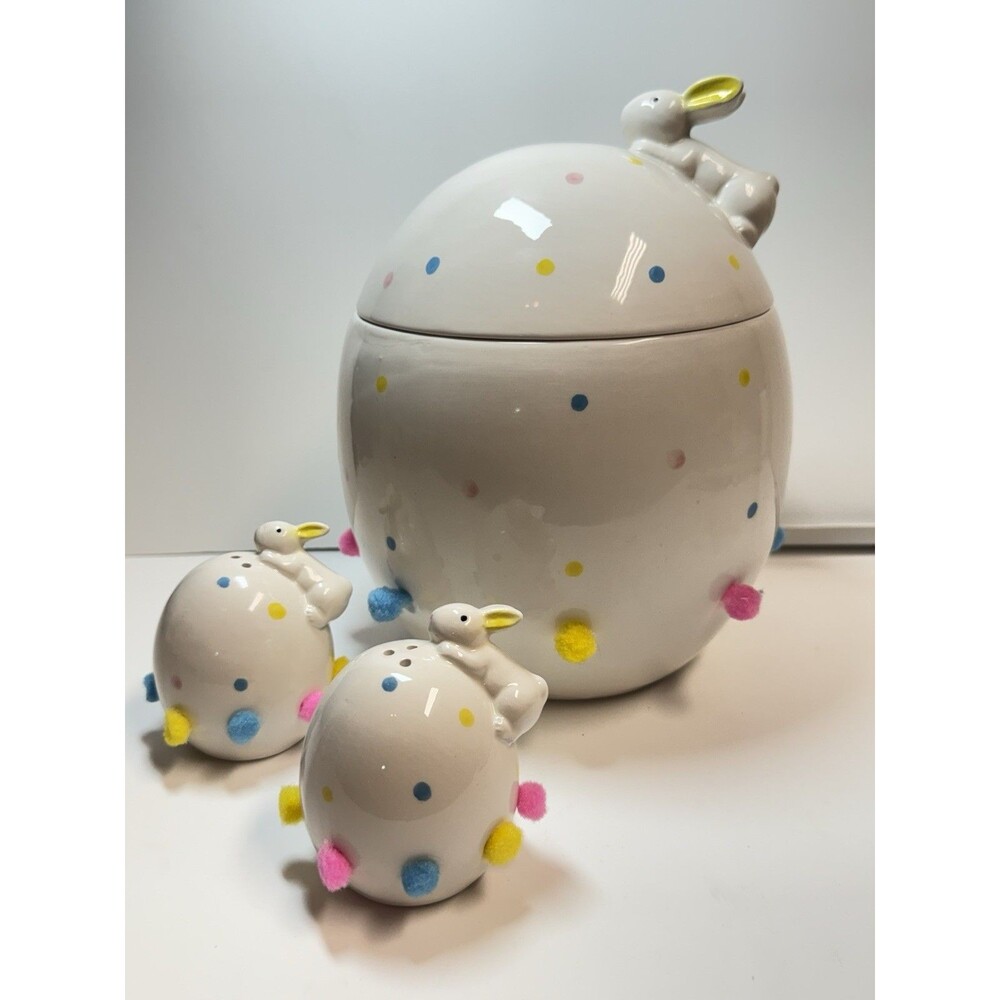 Home Essentials Easter Egg Bunny Cookie Jar & Matching Salt & Pepper Shakers New